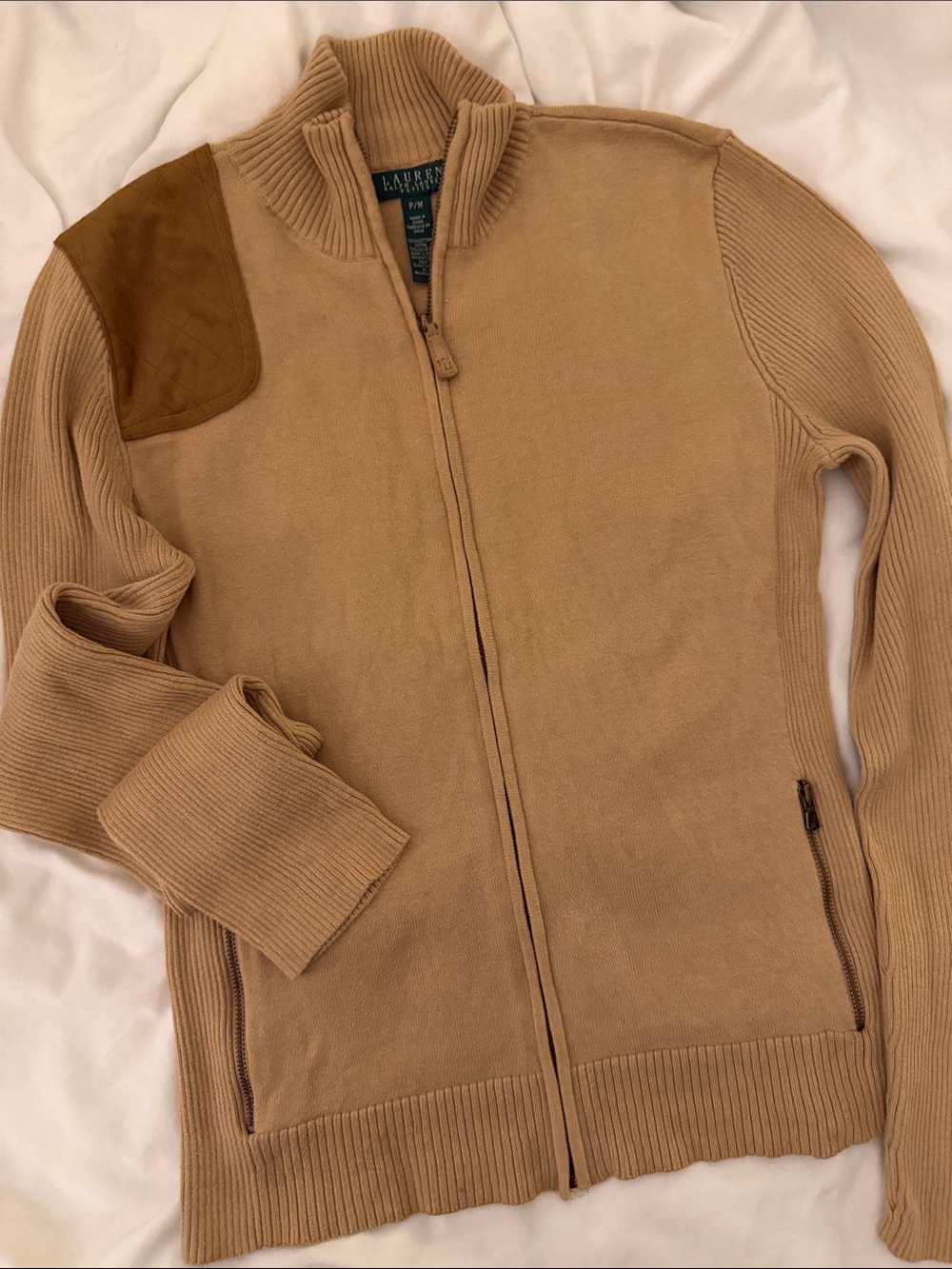 Vintage Lauren Ralph Lauren Camel Zip-Up Sweater with Suede Shoulder Patch